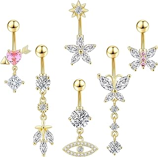 FIRAZIO Gold Plated Belly Button Ring Set with Cubic Zirconia - Fashionable Stainless Steel Navel Piercing Heart Butterfly Designs for Women 14G