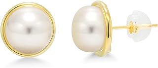 14K Yellow Gold Push Back Pearl Stud Earrings with 8MM White Freshwater Pearls for Women - Unique Button Shape Design