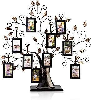 Klikel Bronze Family Tree Picture Frame Display - Metal 20"x18" Collage with 10 Ornamental 2x3 Frames - Rustic, Rectangular Tabletop Decor