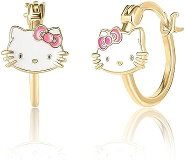 Sanrio Hello Kitty Womens Hoop Earrings - Sterling Silver and Enamel Hello Kitty Earrings Official License