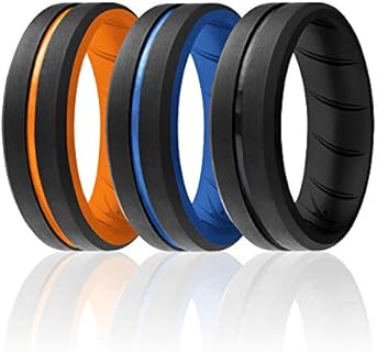 ROQ Silicone Rubber Wedding Ring for Men, Comfort Fit, Men's Wedding Band, Breathable Rubber Engagement Band, 8mm Wide 2mm Thick, Engraved Duo Middle Line, 3 Pack, Black, Orange, Light Blue, Size 11