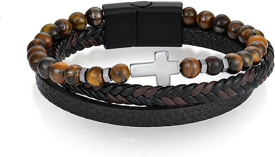 Magnetic Clasp Christian Men's Bracelet - Stainless Steel, Faux Leather with Tiger Eye, Black Obsidian, & Lapis Lazuli Beads, Braided Chain Design for Men