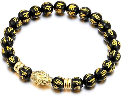 COOLSTEELANDBEYOND Men Women Black Tibetan Beads Steel Gold Buddha Bracelet, Mantra Om Mani Padme Hum Prayer