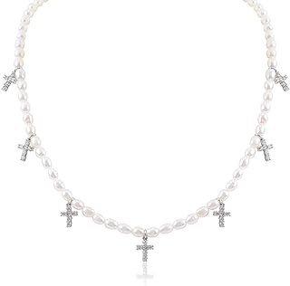 Sliver Cross Charm Pearl Choker Necklace for Women Girls Vintage Baroque Freshwater Pearl Necklace with Dangle CZ Cross Pendant Y2K Adjustable Wedding Necklace for Brides Party Religious Jewelry Gift
