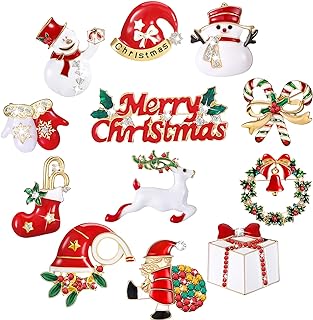 Waydress 12 Pieces Christmas Brooch Pins Set with Rhinestone for Women, Winter Snowflake Enamel Pins Snowman Bells Christmas Trees Jewelry Pins for Xmas Girl Women Gift