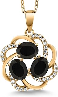 Gem Stone King 18K Yellow Gold Plated Silver Black Onyx 3-Stone Pendant Necklace For Women (1.57 Cttw, Oval Gemstone Birthstone, with 18 Inch Chain)