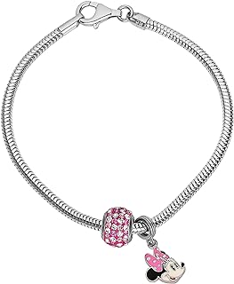Disney Minnie Mouse Delight - Sterling Silver Dangle Charm Beads (Set of 2) with Bonus Bead and Link Chain Bracelet featuring Lobster Claw Clasp