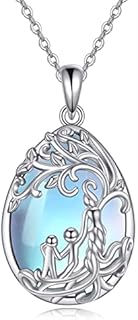 Sterling Silver Moonstone Crystal Necklace with Rolo Chain, Perfect Jewelry Gift for Sisters, Featuring Tree of Life Teardrop Design
