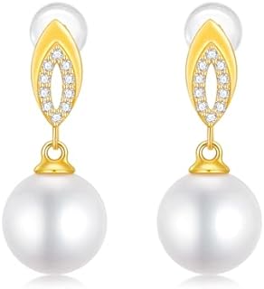 SISGEM 14k Gold Natural Diamond and Pearl Stud Drop Earrings for Women, Fine Jewelry Gifts for Her, 10 MM Freshwater Cultured Pearl