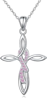 S925 Sterling Silver Butterfly Cross Pink Ribbon Pendant Necklace Breast Cancer Awareness Jewelry Gifts for Women
