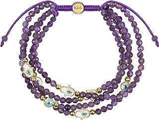 KARMA AND LUCK Inner Wisdom - 18K Gold Plated Brass Amethyst Hamsa Evil Eye Charm Bracelet with White & Turquoise Enamel, Deflects Negativity, Relief from stress