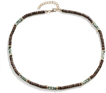Wooden Beads Choker Necklace Bohemian Turquoise Handmade Coconut Beaded Surfer Necklace for Women Men