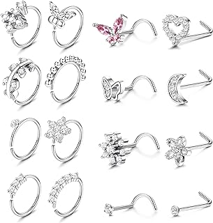 ORAZIO 16Pcs Nose Rings For Women Surgical Steel Nose Studs Hoops 20G Nose Hoop Corkscrew L Shaped Nose Stud Gold Silver Nose Ring Nose Piercing Jewelry