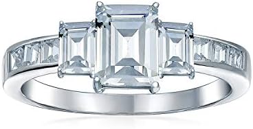 Personalize Three Stone Past Present Future Art Deco Style 2CT Canary Yellow AAA CZ Square Princess or Emerald Asscher Cut Engagement Ring For Women Baguettes Side Stone Band .925 Sterling Silver