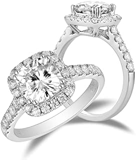 DovEggs Solid 14K White Gold Center 2ct 7.5mm G-H Color Cushion Cut Created Moissanite Halo Engagement Ring Bridal Sets with Accents for women