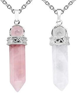 TUMBEELLUWA 2 PCS Healing Crystal Point Pendant Necklaces for Unisex Hexagonal Prism Stone Pendants with Chain