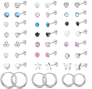LOYALLOOK 24Pairs Hypoallergenic Flat Back Stud Earrings for Women Stainless Steel Hoop Earrings Set Tiny Small Opal CZ Moonstone Flat Screw Back Earrings Set Cartilage Piercing Jewelry