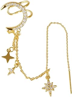 Long Chain Moon Star CZ Ear Cuff Wrap Clawler Climber Clip On Cartilage Hoop Threader Tassel Dangle Drop Earrings for Women Girls Hypoallergenic Sensitive Ear Fashion Dainty 14K Gold Plated Crystal Dangling Hanging Elegant Piercing Jewelry Gifts for Bff Birthday Xmas 1Pc