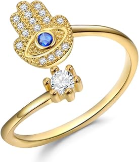 Adjustable Hamsa Hand Evil Eye Ring in Stainless Steel with No Gemstone for Women, 6-Prong-Setting, Protective & Stylish Turkish Design – Ideal Valentine's or Christmas Gift