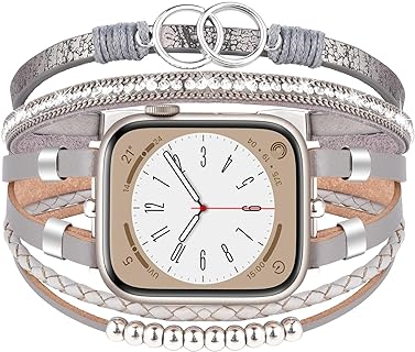 MOFREE Boho Leather Bracelet Compatible for Apple Watch Band 38mm 40mm 41mm 42mm 44mm 45mm Women, Handmade Multilayer Wrap Beaded Jewelry Apple Watch Strap for iWatch Series 9 8 7 6 5 4 3 2 1 SE