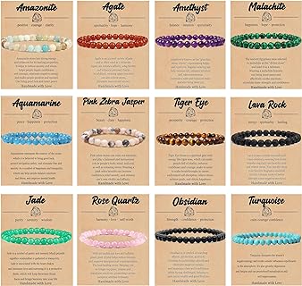 12-Piece 6mm Agate Beaded Bracelets - Stretchable, Semi-Precious Gemstone, Unisex Design, Yoga Jewelry Gift Set with Bead Chain