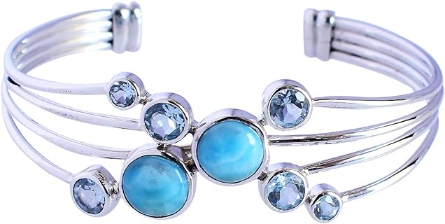 Handcrafted 925 Sterling Silver Cuff Bangle: Vibrant Larimar & Blue Topaz Gemstones Inserted, Deluxe Gift for Women, No Clasp Artisan Jewelry