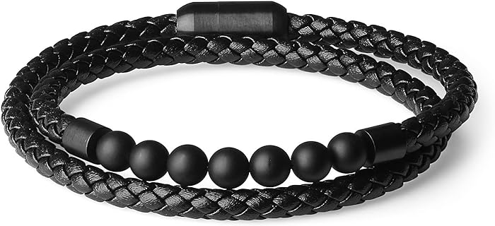 COAI Luxurious Double Beaded Onyx and Leather Bracelet for Men with Magnetic Closure, Classic Design