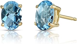 Peora 14K Yellow Gold Swiss Blue Topaz Earrings for Women, Genuine Gemstone Birthstone Classic Solitaire Studs, 7x5mm Oval Shape, 2 Carats total, Friction Back