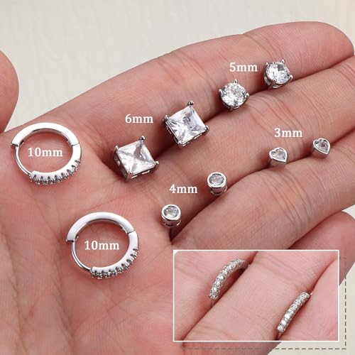 5 Pairs Sterling Silver Stud Hoop Earrings Set for Multiple Piercing, Hypoallergenic 925 Sterling Silver Small Cubic Zirconia Earrings Studs Cartilage Huggie Hoops for Women Teen Girls