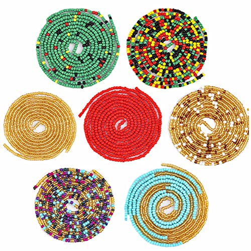 ELABEST Plus Size African Waist Beads Chain Layered Belly Body Chain Beach 7Pack Waist Jewelry Body Accessories for Women (Tie on)