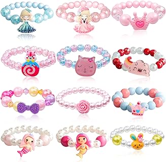 12 PCs Girls Colorful Bracelet, Crown Princess Mermaid Flower Rabbit Cloud Stretchy Beaded Bracelet for Kids Jewerly for Girls Birthday Party Favors