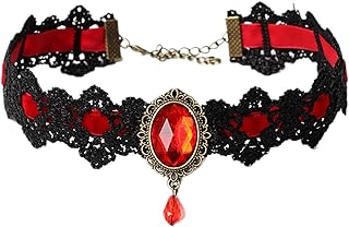 Red Choker, Halloween Vampire Lace Choker Necklace for Women Girls, Vintage Royal Court Gothic Jewelry for Halloween Costumes, Rhinestone Choker, N03C
