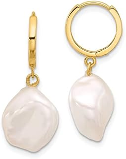 14k Gold Freshwater Cultured Keshi Pearl Angel Hoop Earrings with Hinge Notched Post for Women, Religious Guardian Design