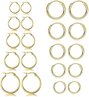 Unisex 5-10 Pair Set of Silver and Gold Hypoallergenic Hoop Earrings with Hinged Clasp and Cubic Zirconia Gem