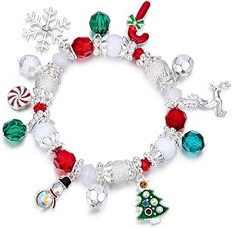 RareLove Christmas Snowflake Charm Beaded Bracelet Stretch Strand Elastic Crystal Silver Tone Dangle Xmas Tree Reindeer Women Girls Holiday Gift
