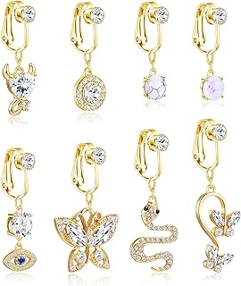 FIBO STEEL 8Pcs Fake Belly Rings Clip on Belly Button Rings Surgical Steel Opal CZ Non Piercing Dangle Navel Rings Fake Belly Piercing Jewelry