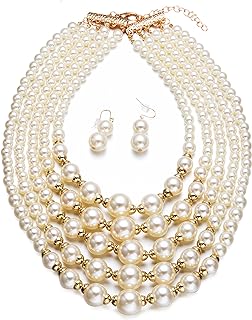 Lobster Clasp Ivory Faux Pearl Necklace and Earrings Set for Women, Elegant Bead Cluster Collar Design