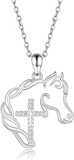 Lobster Clasp Cubic Zirconia Horse Pendant Necklace in Sterling Silver for Women and Teen Girls - Cross Design