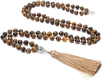 Cord-Clasp Agate Beaded Tassel Necklace, 108 Mala Beads with Tree of Life Pendant, for Spiritual Enthusiasts, Hand-Knotted Design