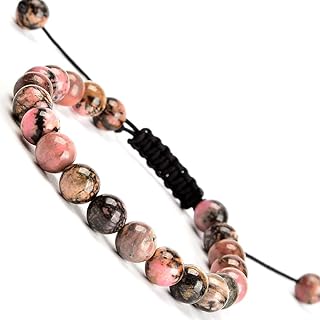 Massive Beads Natural Braided Macrame Bracelet 8mm Crystal Gift(Pink Black Rhodonite)