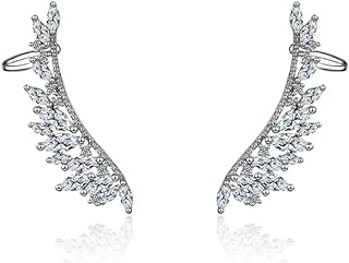 Ear Cuff Earrings for Women and Girls, 925 Sterling Silver Ear Crawler, Angel Wing Ear Climber Earrings, Silver