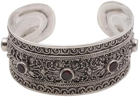 NOVICA Handmade Garnet Cuff Bracelet Balinese .925 Sterling Silver with 3.5 Cts Red Indonesia Bohemian Birthstone Traditional [6 in L (end to End) x 1.1 in W] 'Uluwatu Altar'