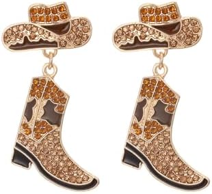 Rhinestone Western Boots Earrings Crystal Cowgirl Cowboy Enamel Hat Rodeo Boot Drop Dangle Earrings Boho Western Earrings for Women Girls