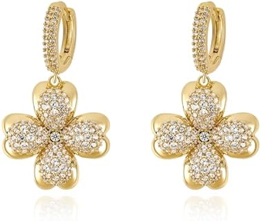 Gold Clover Earrings for Women Dangle Gold Plated Cubic Zirconia Lucky Four Leaf Hoop Huggie Earrings Sparkly CZ Flower Floral Earrings Elegant Drop Earrings with Clover Charm Jewelry Gift for Girls