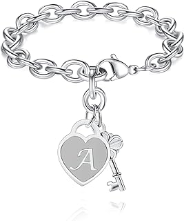 TONY & SANDY Initial Charm Bracelets for Girls Women Stainless Steel A-Z Heart Bracelet Personalized Birthday Christmas Graduation Mothers Day Gifts for Women Teen Girls (Various Design)