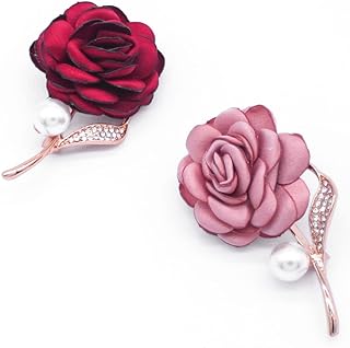 2 Pcs Elegant Pearl Rhinestone Pink Red Rose Handmade Fabric Floral Flower Brooch for Wedding Bouquet Christmas Party Valentine's Day Gift for Women Men Bridal Wife Mom