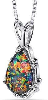 PEORA Created Black Fire Opal Vintage Teardrop Solitaire Pendant Necklace for Women 925 Sterling Silver, 1 Carat Pear Shape 10x7mm, with 18 inch Chain