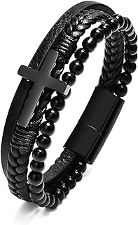 Men's Beaded Cross Bracelet with Bead Chain and Buckle Clasp, TempBeau Black Leather and Stainless Steel Design - Perfect Gift for Father with Personalized Engraving Option