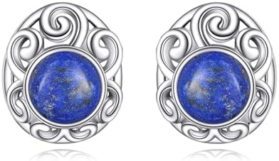 Lapis Lazuli Hoop Earrings with Push Back in Sterling Silver, Stunning Natural Stone Stud Design for Women and Girls