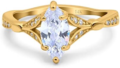 Art Deco Marquise Split Shank Vintage Style Cubic Zirconia Wedding Engagement Ring Solid 14K Yellow Gold